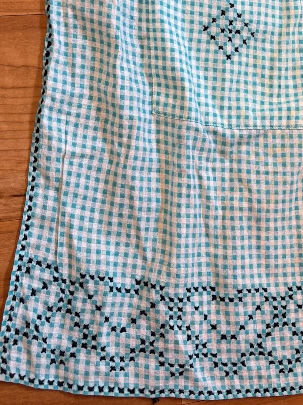Vintage Blue Checked Apron with Embroidered Details